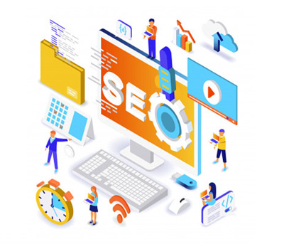 Ilustração de consultoria de SEO com estratégia, conteúdo e desenvolvimento